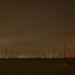Sites at Risk of Climate Change: Night Landscape Photographs in The Netherlands, Steve Giovinco, Sustainable Energy, with Strange with Red Light and Line in Sky, Fryslan, Flevoland