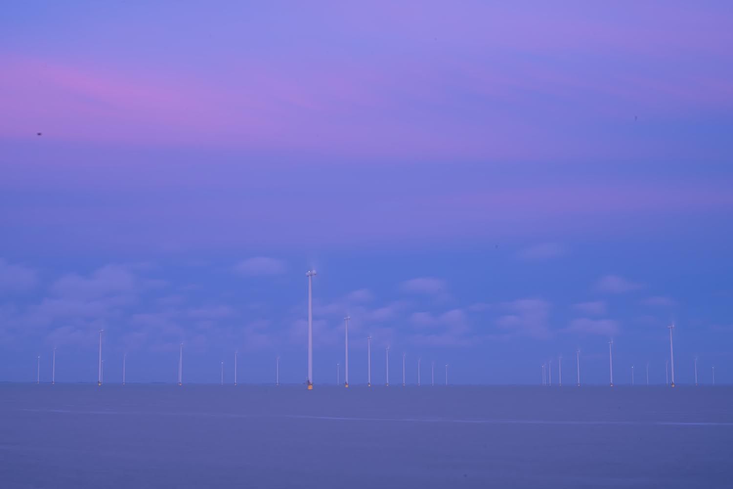 Sites at Risk of Climate Change: Night Landscape Photographs in The Netherlands, Steve Giovinco, Wind Farm Sustainable Energy, Twilight with Beautiful Colors Fryslan, Flevoland