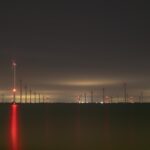 Sites at Risk of Climate Change: Night Landscape Photographs in The Netherlands, Steve Giovinco, Wind Farm Sustainable Energy with Glowing Red Light Fryslan, Flevoland