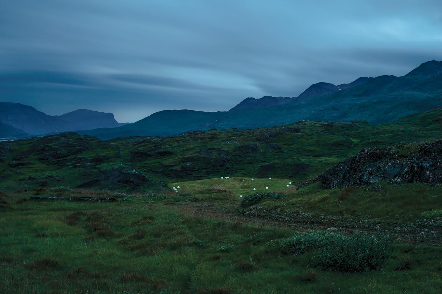 Shadow and Light: New Night Landscape Photographs of Greenland By Steve Giovinco. Sheep Farm at Night with Pods